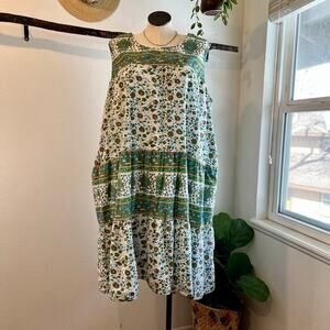 Vintage 90s Green & Blue Cotton Floral Tiered Sleeveless Midi Dress Size 3X